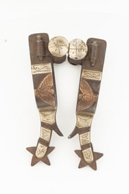 Pair of inside marked "Crockett" double mounted Spurs, #295, Fred Eubanks, with chap guards and
