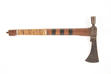Wild West Style Pipe Axe with 10" metal axe head, marked "Property of the 101 Ranch". Sinew wrapped