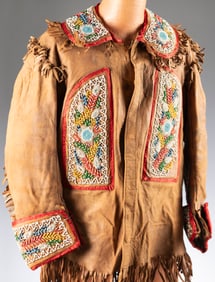 Authentic two-piece leather Wild West Show Outfit with cloth liner, trimmed in beads with full