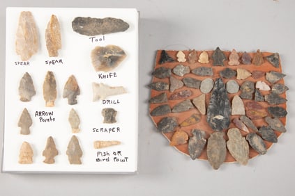 Collection of Arrowheads totaling approximately 50 points. One set is mounted on a plexiglass