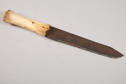 Early handmade clip point Side Knife with bone handle (possibly Buffalo). Knife measures 10 1/2"