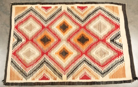 Navajo Rug, Eye Dazzler, 63" x 44", unique geometric design, open field is in good condition showing