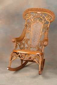 "Heywood-Wakefield" marked, beautiful high back Victorian Wicker Arm Rocker, measures 43" T x 23