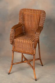 Heywood-Wakefield, unmarked, Victorian Wicker Youth Chair in natural wicker, measures 39 1/2" T x 18