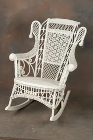 Unmarked Heywood-Wakefield, Victorian Wicker Arm Rocker, in fresh white paint, measures 38" T x 29"