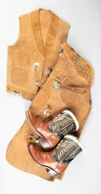 Childs two-piece Rough-out Bat Wing Chaps and matching Vest. Overall good condition with fringed