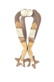 Pair of "C.P. Shipley" marked McChesney gal-leg Spurs, #8, with etched fixed buttons. Maples Estate.
