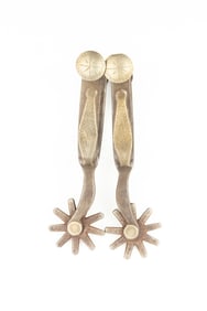 Pair of inside marked "Crockett" single mounted Spurs, #262, with etched fixed buttons. Maples
