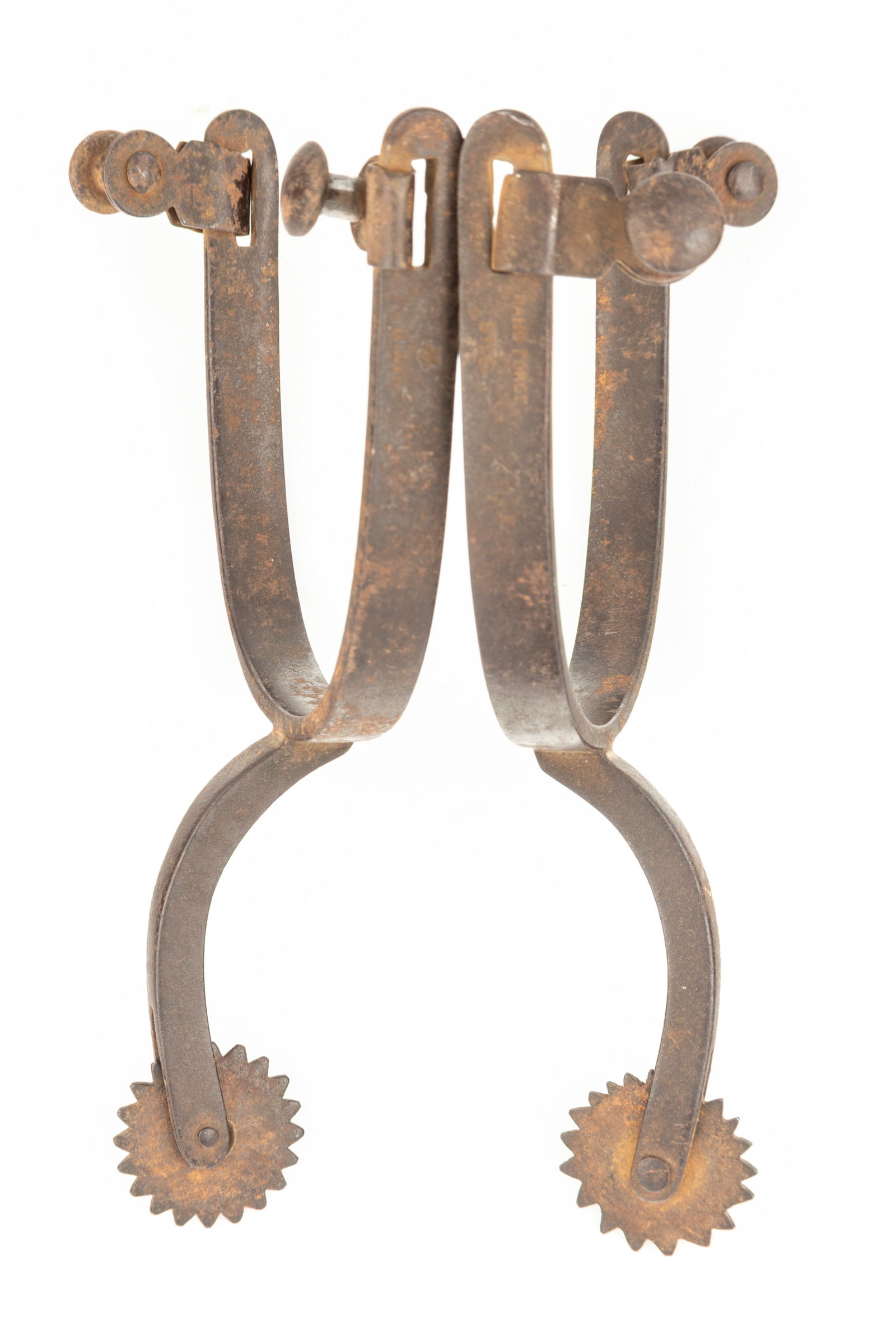 Pair of "Star" marked August Buermann plain Spurs with swing buttons, #999. Maples Estate.: Pair of "Star" marked August Buermann plain Spurs with swing buttons, #999. Maples Estate.