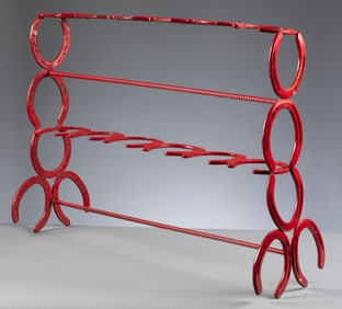 Custom made, red painted Horse Shoe Bit & Spur Rack, 28" L x  19 1/2" T, made  with twenty two horse