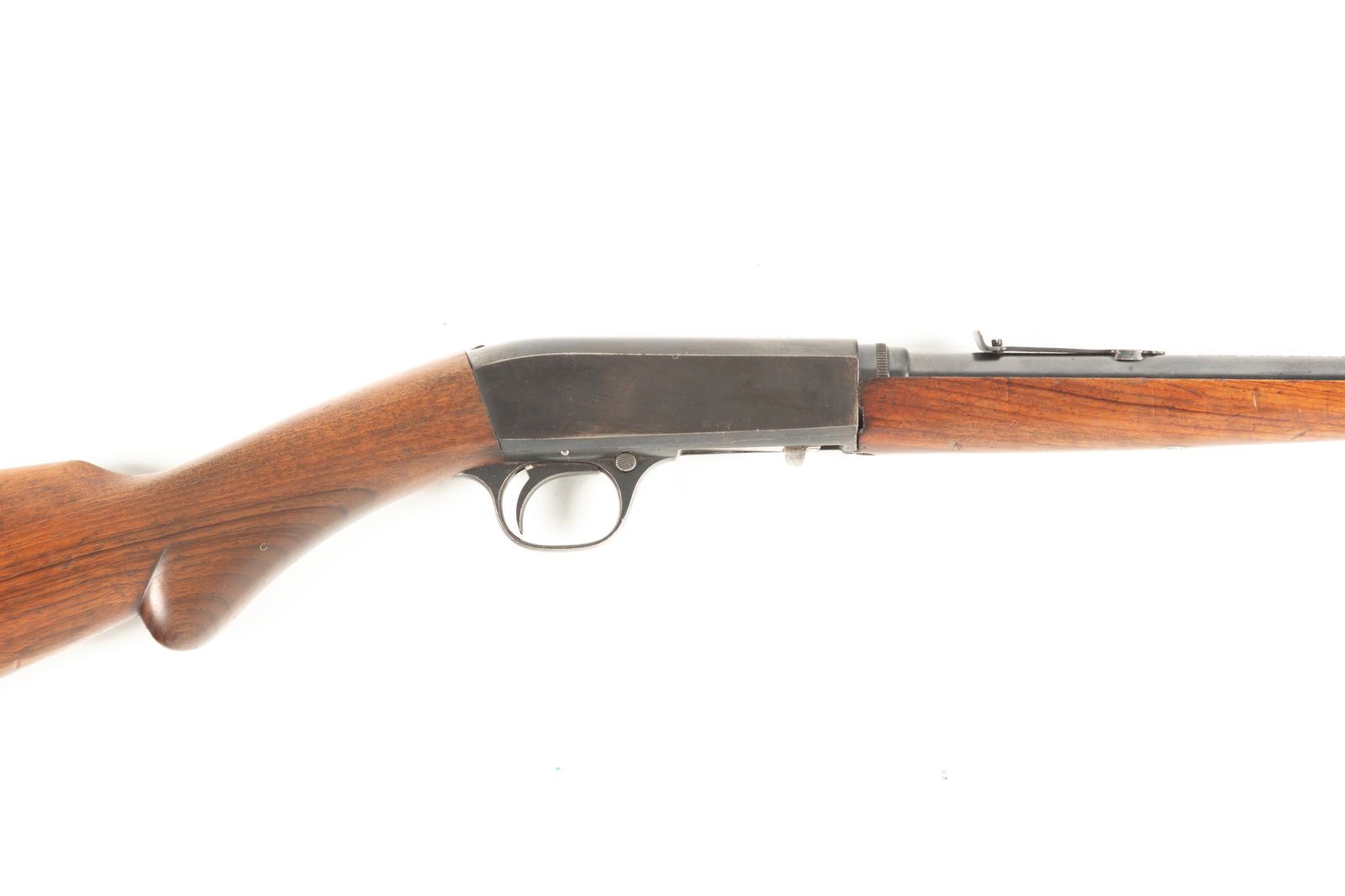 Fabrique Nationale, "Belgium" marked, Semi-Auto Rifle, .22 S. Smokeless caliber, SN 21541, blue: Fabrique Nationale, "Belgium" marked, Semi-Auto Rifle, .22 S. Smokeless caliber, SN 21541, blue finish with some light thinning on barrel, 19" round barrel, walnut stock and forend, showing some handl