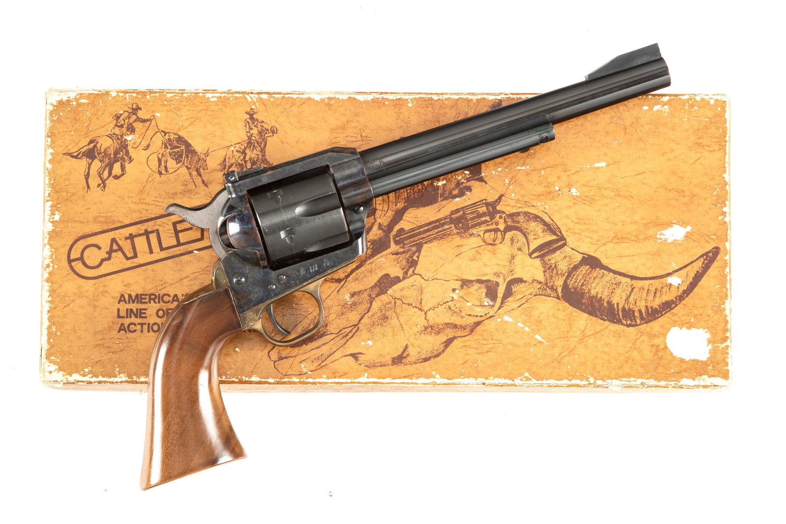 Boxed Uberti, SA Revolver, .44 MAG caliber, SN 16472, blue finish, 7 1/2" barrel, with brass trigger: Boxed Uberti, SA Revolver, .44 MAG caliber, SN 16472, blue finish, 7 1/2" barrel, with brass trigger guard and back strap. Near pristine condition. Sold in its original fragile picture box with fitted