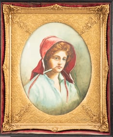 Most unusual antique, hand tinted Image of woman with bonnet and grass stem in her mouth, in gold