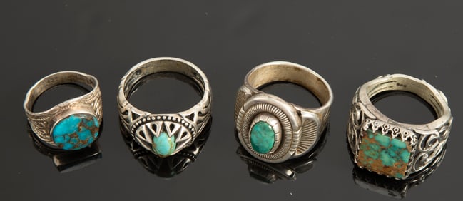 Collection of four beautiful "Sterling" marked, turquoise Rings. Will be sold as one lot. Roger