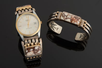 This lot consists of two Items marked "Orvil Tsinnie Sterling/ 14K", a Cuff and matching Watch Band.