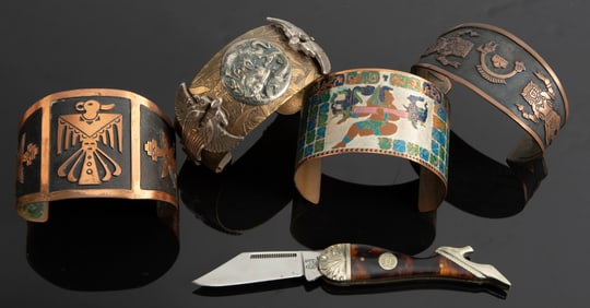 Collection of four fancy engraved copper Cuffs, all with Indian Motif. These Cuffs are accompanied