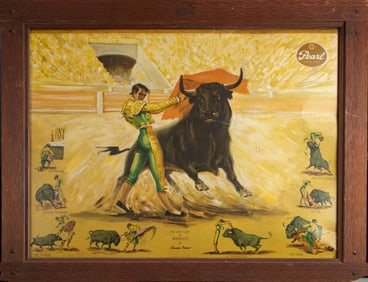 Vintage Pearl Beer Paper Sign in original XXX Pearl frame titled "The Last Fight of Manolete By