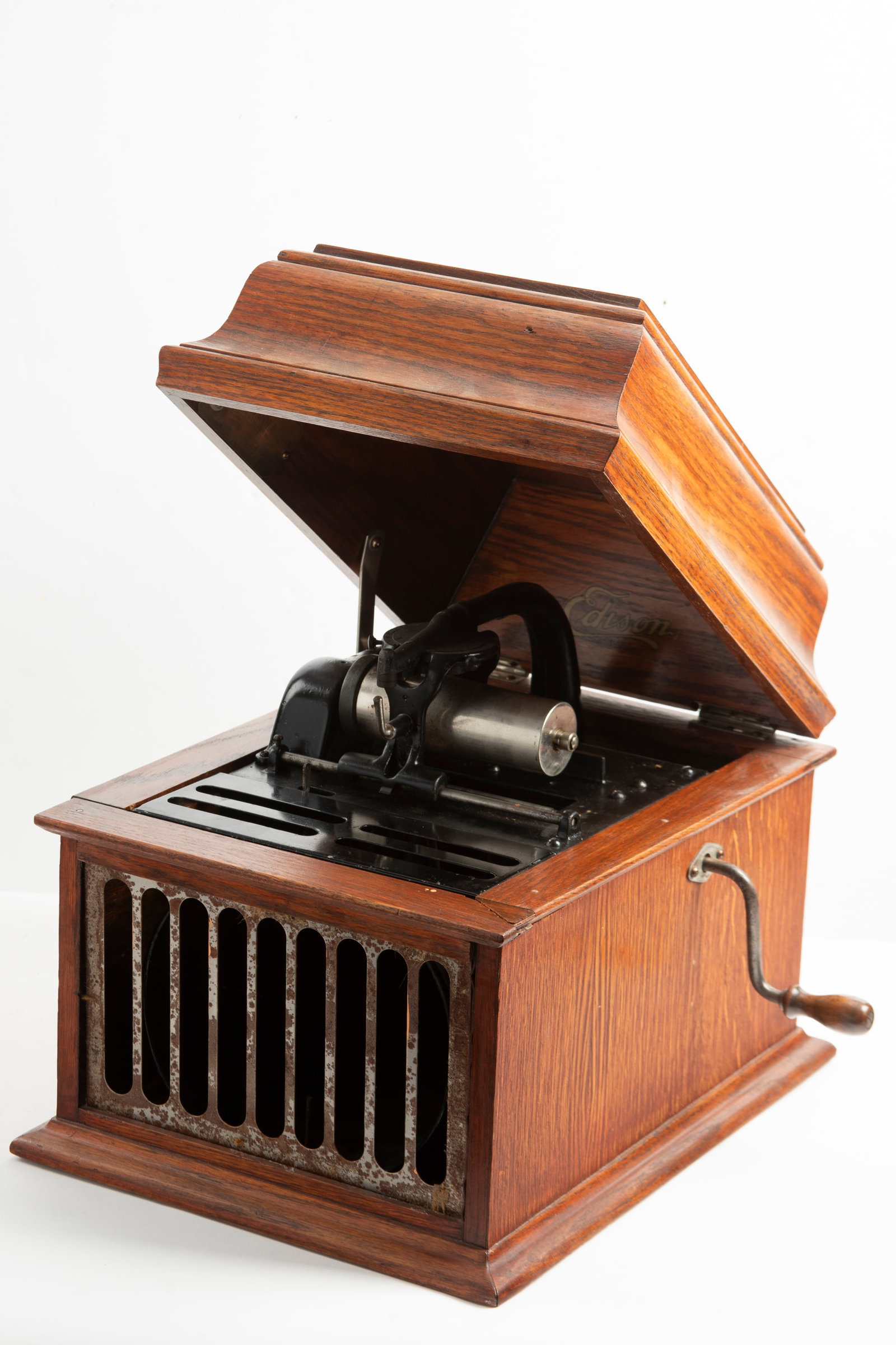 Antique Edison Ambrola, oak case, cylinder player, in playing order. Case is in original finish and: Antique Edison Ambrola, oak case, cylinder player, in playing order. Case is in original finish and sells with two cylinders. Measures 12 1/2" W x 16" L x 13" T.