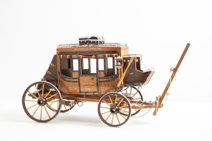 Hand Made Wooden Replica of a Wells Fargo Stage Coach, extremely good detail. Front wheels measure