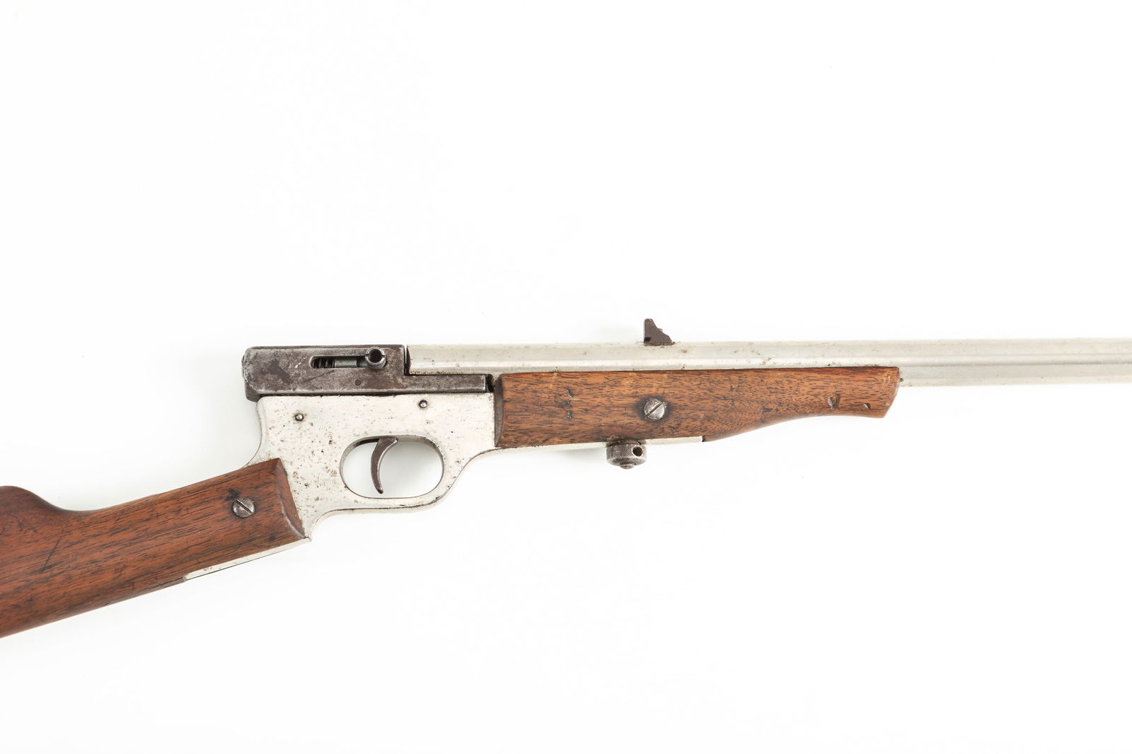 Quackenbush, Single Shot Rifle, .22 caliber, SN NV, nickel finish, 18" barrel, walnut stock,: Quackenbush, Single Shot Rifle, .22 caliber, SN NV, nickel finish, 18" barrel, walnut stock, mechanically sound, showing minor handling marks. (Modern)