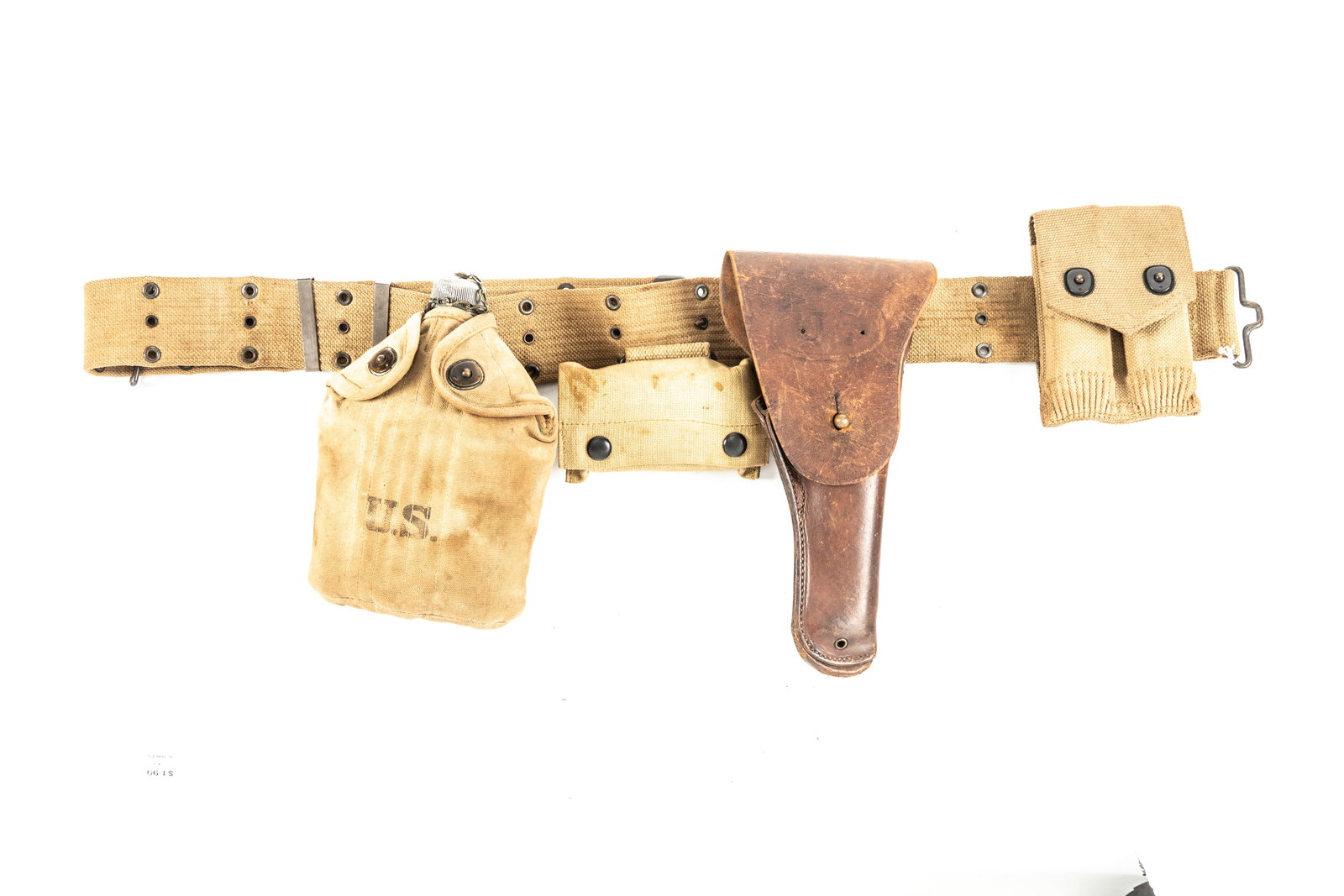Canvas "U.S." marked Ammo Belt dated 1917 (WWI). Belt contains "U.S." marked Canteen, 1918 dated: Canvas "U.S." marked Ammo Belt dated 1917 (WWI). Belt contains "U.S." marked Canteen, 1918 dated Pouch containing First Aid Kit, leather Flap Holster marked "Boyt", dated 1917. And canvas Magazine Pou
