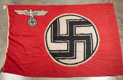 WWII vintage red, black and white Flag with swastika and eagle, measures 7 ft. L x 5 ft. W, showing