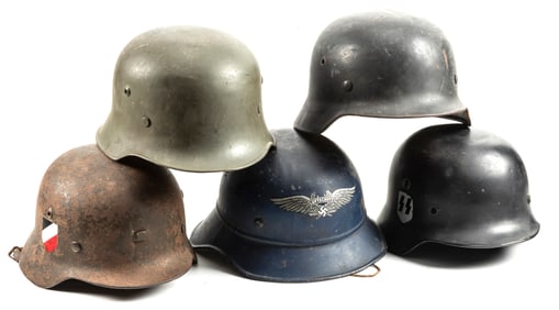 Collection of five (5), German WWII Stahlhelm Helmets. One has wings with swastika and "Luftschutz".