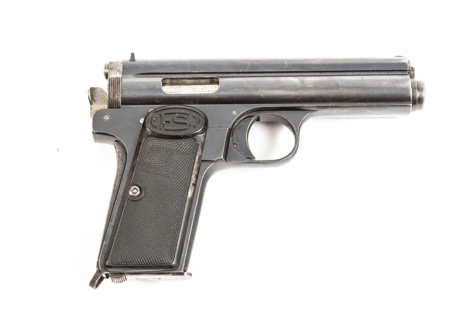 FEG Frommer, Model 1912, Semi-Auto Pistol, .380 caliber, SN 49418, blue finish, 5" barrel, original: FEG Frommer, Model 1912, Semi-Auto Pistol, .380 caliber, SN 49418, blue finish, 5" barrel, original hard plastic grips, overall very good condition. Sold with original leather Flap Holster. (Modern)