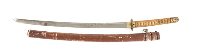 Samurai Sword with push button locking blade, measures 26" blade, 36 1/2" overall with original
