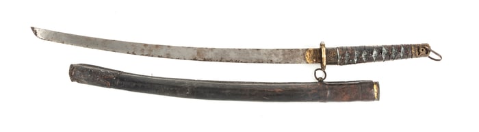 Vintage Samurai Sword with marked blade and leather wrapped handle, measures 27" blade, 36 3/4"