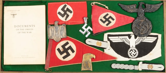Wooden and glass front table model Display Case with 12 Nazi related Items to include: (1) Book