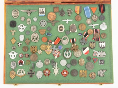 Framed Showcase Collection of Ninety (90) German Nazi Badges, Pins and Medals. Showcase measures 24"