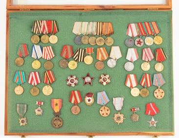 Framed Showcase Collection of Forty (40) German Nazi Badges, Pins and Medals. Showcase measures 24"