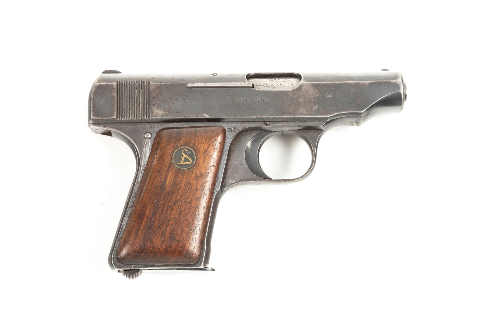 Deutsche Werke, Semi-Auto Pistol, .25 ACP caliber, SN 88717, blue finish, 3" barrel, walnut grips.: Deutsche Werke, Semi-Auto Pistol, .25 ACP caliber, SN 88717, blue finish, 3" barrel, walnut grips. Sold with soft carry bag. (Modern)