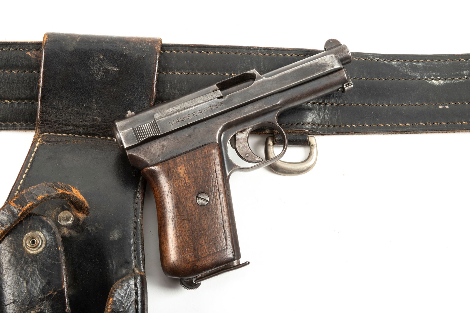 Mauser, Semi-Auto Pistol, Model 1914, .7.65 caliber, SN 302951, dark brown aged patina, 4" barrel,: Mauser, Semi-Auto Pistol, Model 1914, .7.65 caliber, SN 302951, dark brown aged patina, 4" barrel, original checkered grips. Sold with holster and matching belt. (Modern)