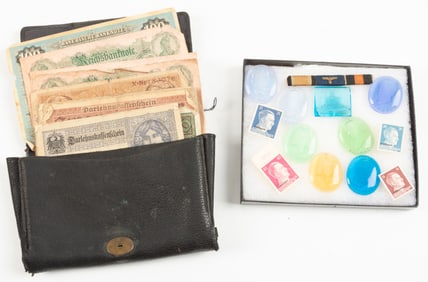 This lot consists of two Items to include: A glass front racker mount (5 1/4" x 6") with Stamps and