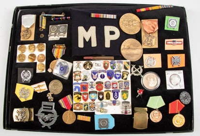A collection of approximately 70 Pins, Tokens, Medals, and MP Shoulder Patch. Will be sold as one