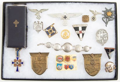 Collection of 22 Items to include German Badges, Insignias and a Bracelet made from German Coins.