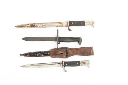 Collection of three Military Bayonets to include: One with sheath and leather frog, blade measures 7