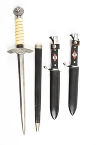 Collection of two Side Knives in sheaths and one dress Knife in sheath, these are all copies of