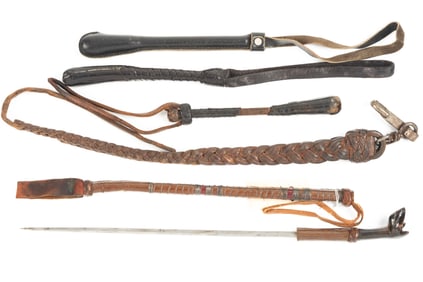 This lot consists of five (5) Items to include: Leather wrapped Quirt with 13" metal dagger and dogs
