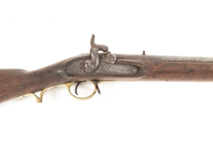 Unmarked Percussion Musket with brass trigger guard, bore shows 10 ga., complete with cleaning rod,