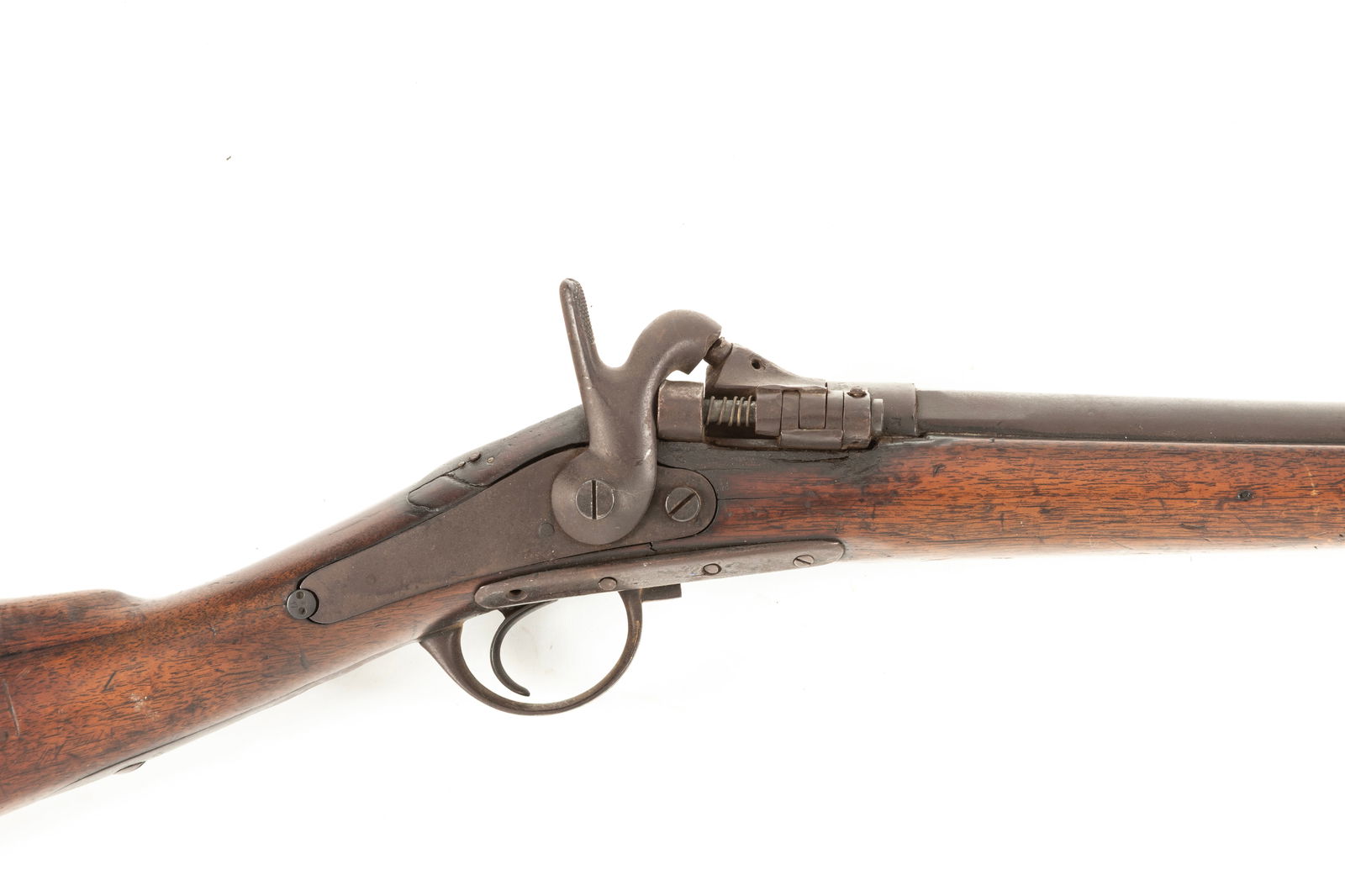 British Enfield Shotgun, believed to be 10 ga., 28" barrel, showing many early blacksmith style: British Enfield Shotgun, believed to be 10 ga., 28" barrel, showing many early blacksmith style repairs. Shows some Indian tack work on stock.