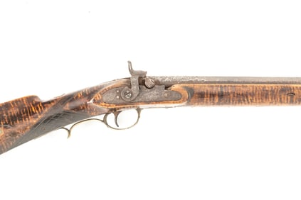 Early" D. Parker" marked Cap & Ball Percussion Rifle, curly maple full stock, 40" heavy octagon