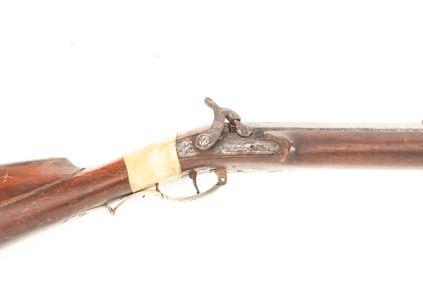 "D. Parker" marked, early Percussion Shotgun, 12 ga. bore, full stock with 33" barrel, leather