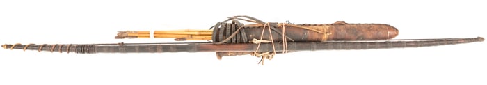 Vintage Hunters Set from Cameroon Africa. Consists of bow, arrows, quiver, side knife and scabbard.