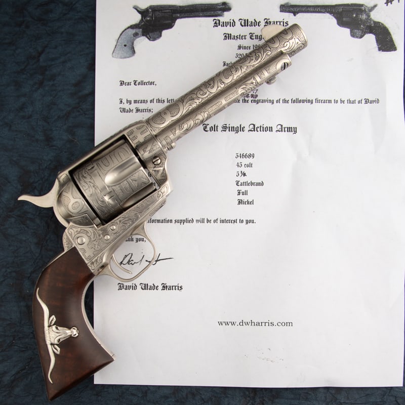 One of a pair, beautiful engraved Colt SAA Revolver, SN 346689 in .45 Colt caliber with 5 1/2: One of a pair, beautiful engraved Colt SAA Revolver, SN 346689 in .45 Colt caliber with 5 1/2” barrel, originally manufactured in 1924. Engraved by Master Engraver David Wade Harris with a uniqu