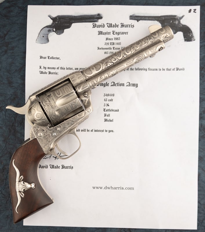 One of a pair, beautiful engraved Colt SAA Revolver, SN 348449 in .45 Colt caliber with 5 1/2: One of a pair, beautiful engraved Colt SAA Revolver, SN 348449 in .45 Colt caliber with 5 1/2” barrel, originally manufactured in 1926. Engraved by Master Engraver David Wade Harris with a uniqu
