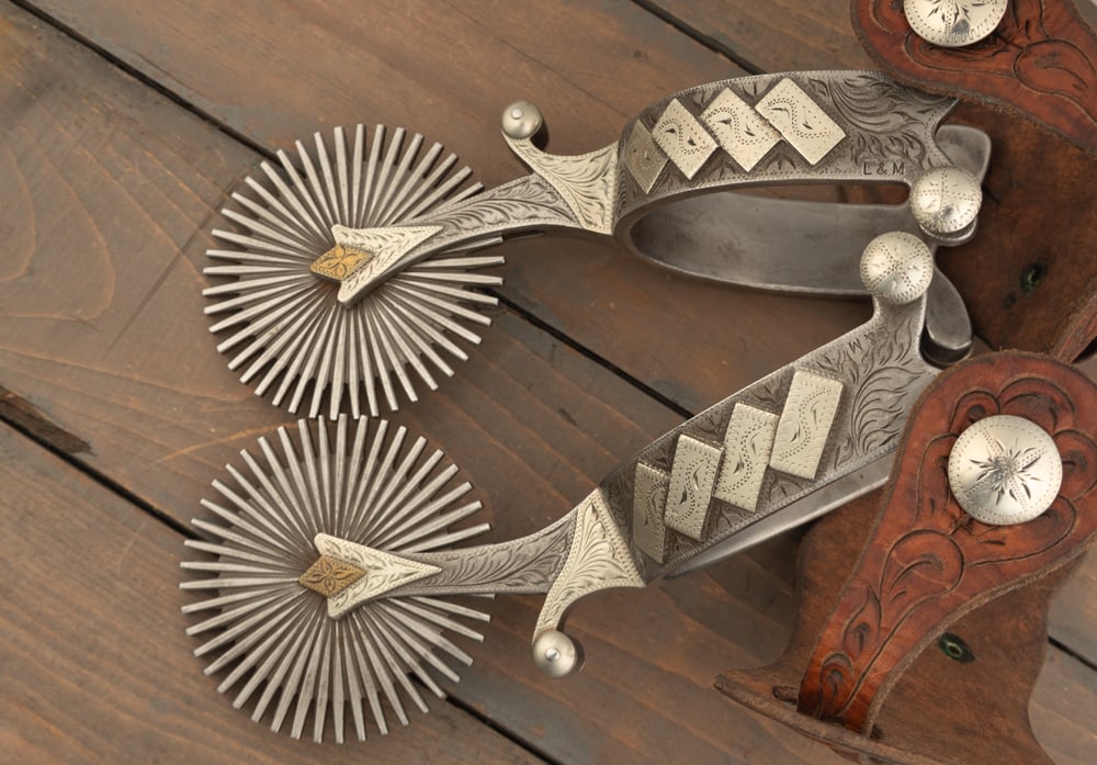 Pair of "Lytle & Mower" marked, incredible double mounted, hand engraved Spurs, with 3" multi-point (1 of 3)