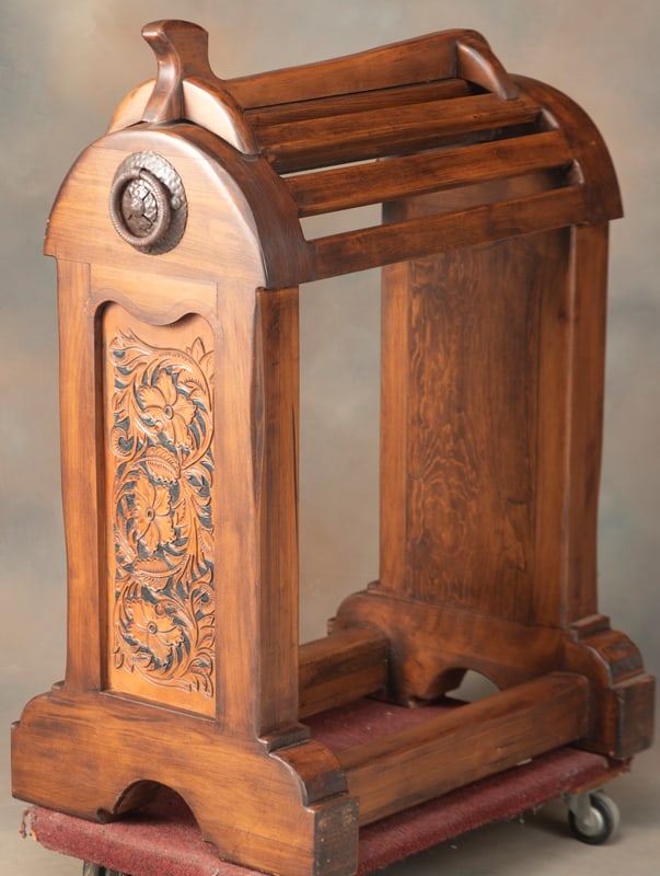 King Ranch style custom made wooden Saddle Stand, with unique hand tooled leather panels in each (1 of 2)